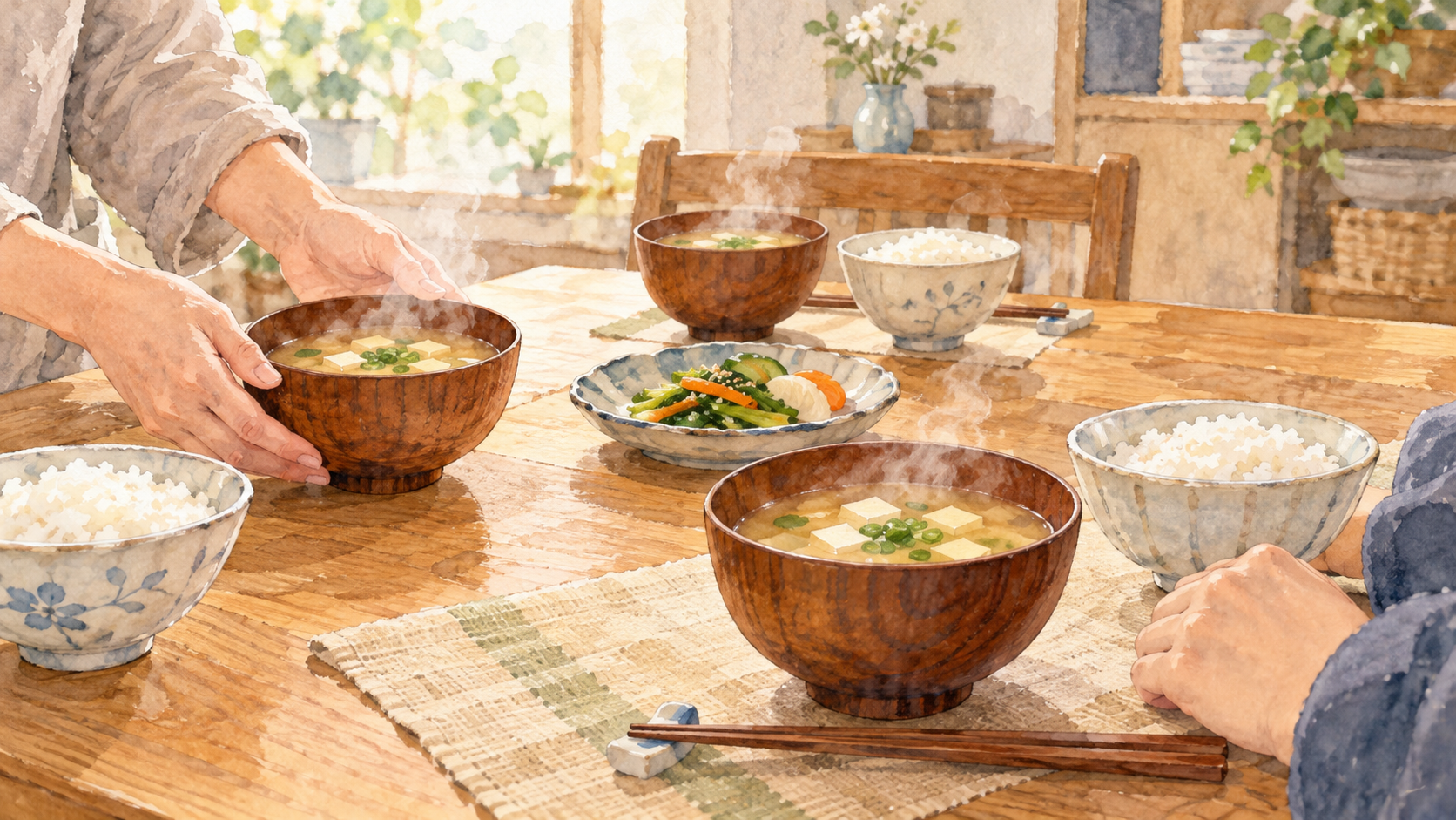 家族で味噌汁を飲み比べる食卓